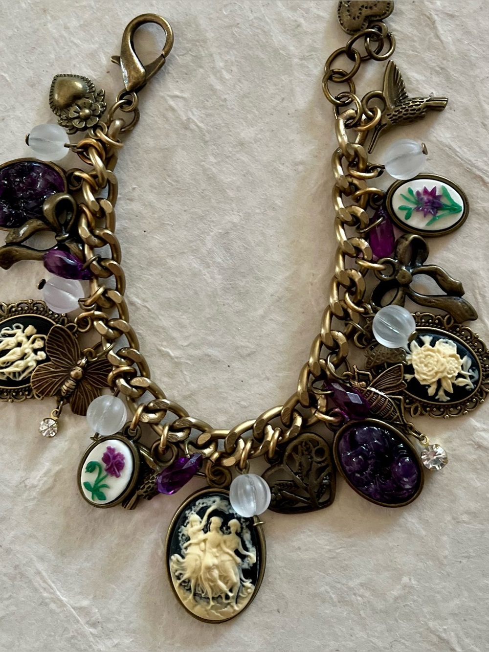 Victorian Inspired Cameos Charm Bracelet Three Graces Cream on Black w Purple